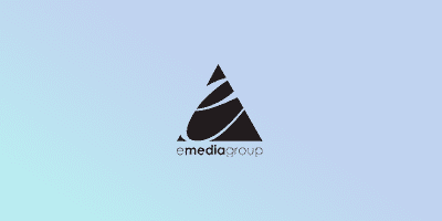 Logo of eMedia Group on a gradient background.